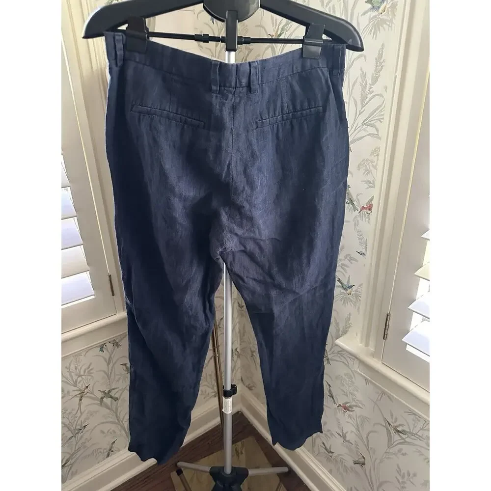 H&M Women's Blue 100% Linen Pants Straight Leg Size 33R High Rise